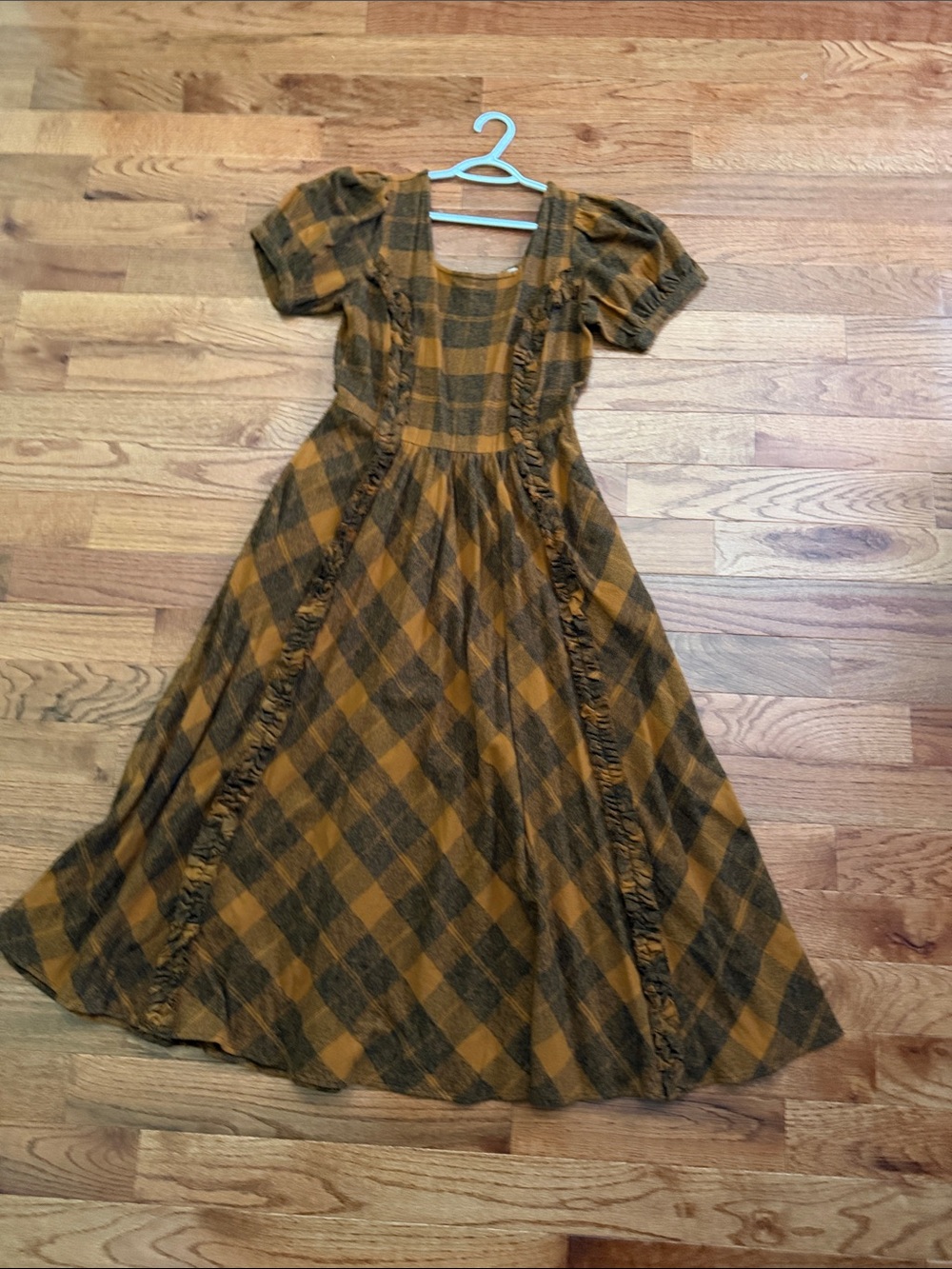 Ivy City Co Kimball Dress Mustard and Brown Plaid Midi with Ruffle Panels